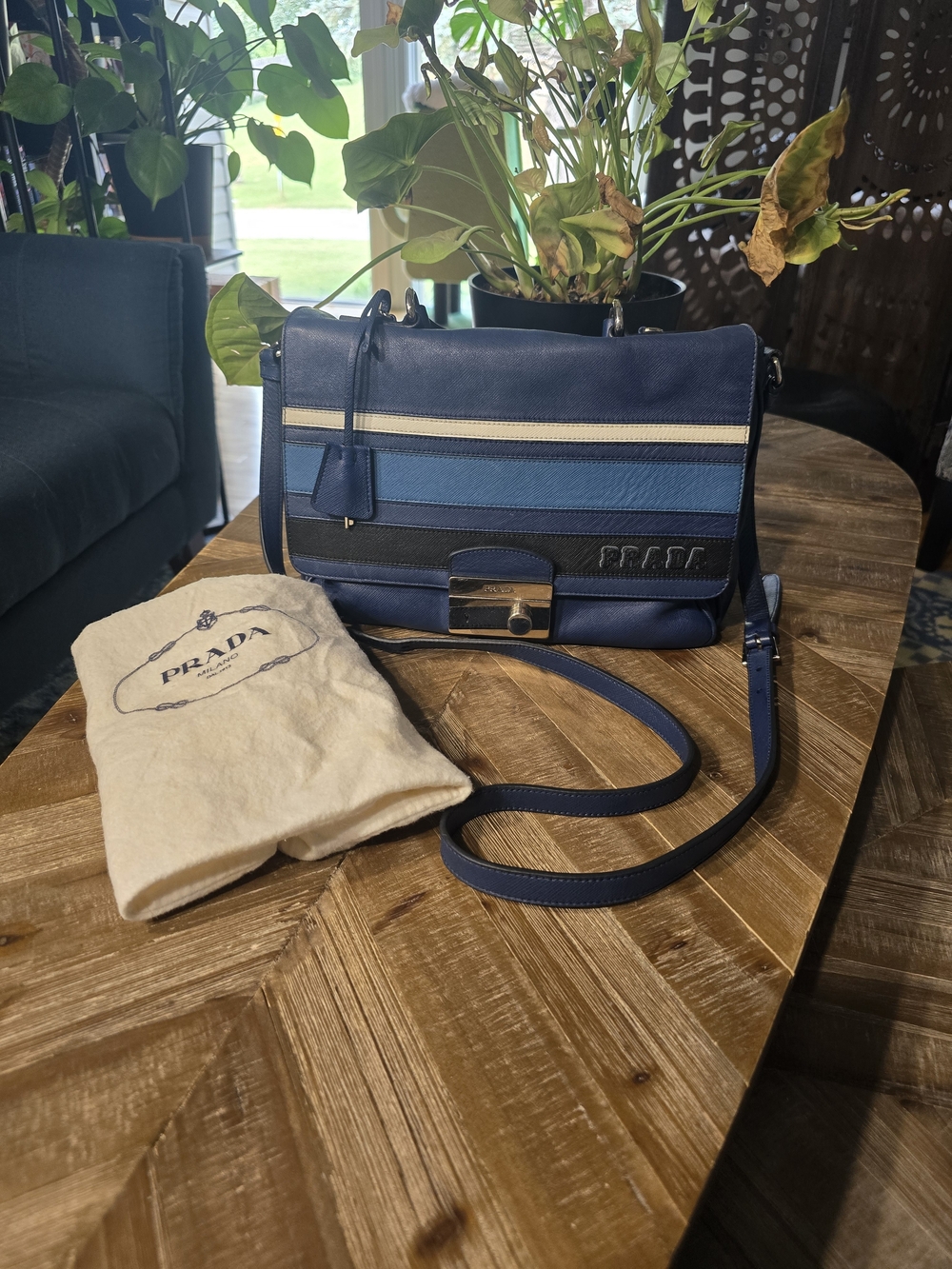 Prada Saffiano Righe Sound Lock Bag with Full Inclusions & COA